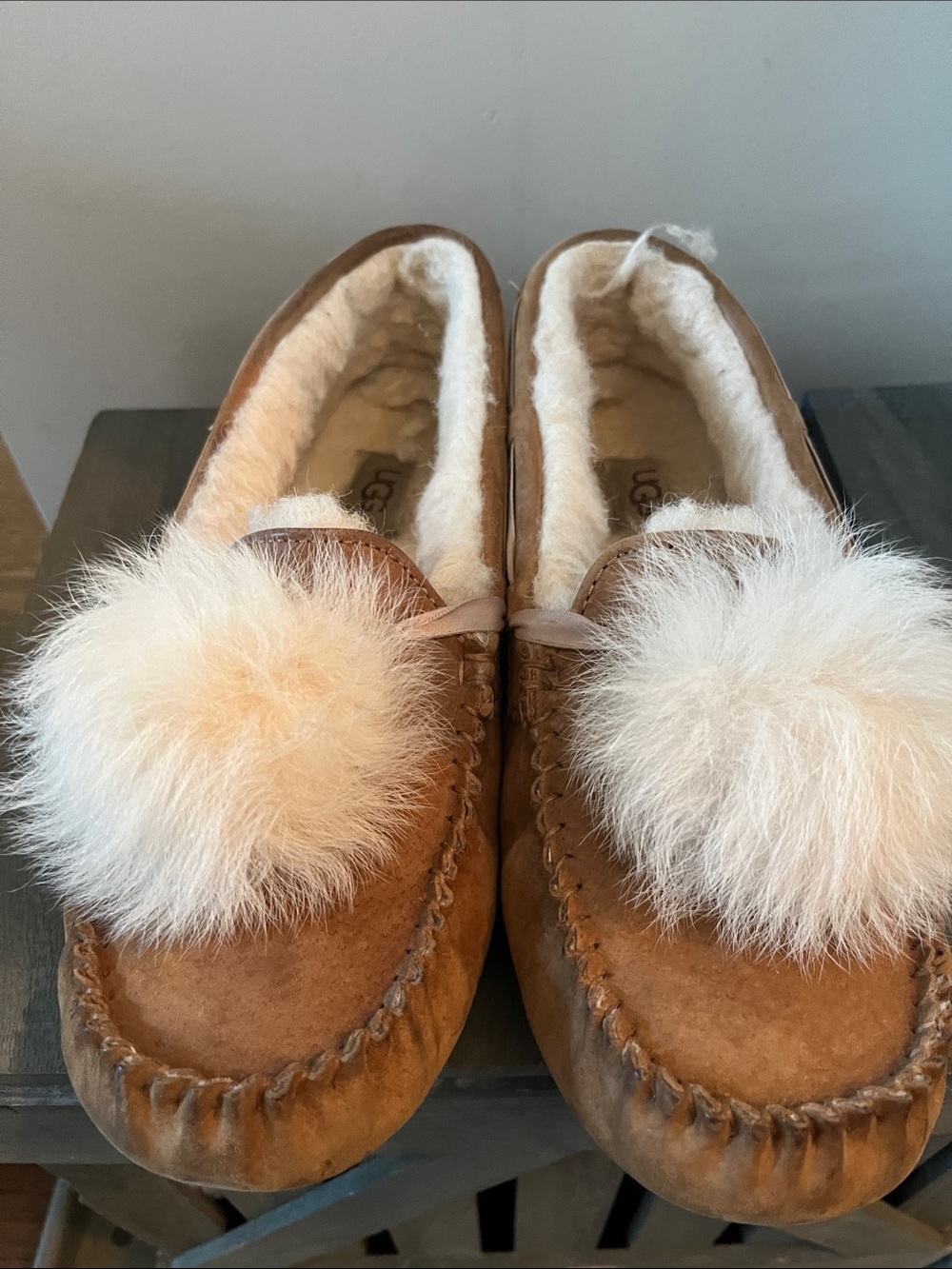 UGG Chestnut Suede Pom-Pom Moccasin Slippers - Cream Pom